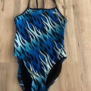 TYR Blue and Black One Piece Swimsuit Athletic Cut